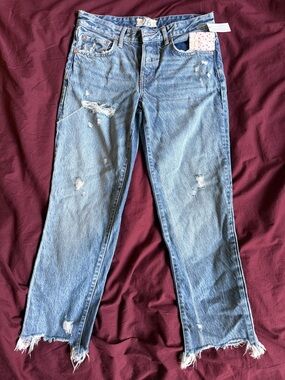 Free People Light Blue Distressed Straight-Leg Jeans